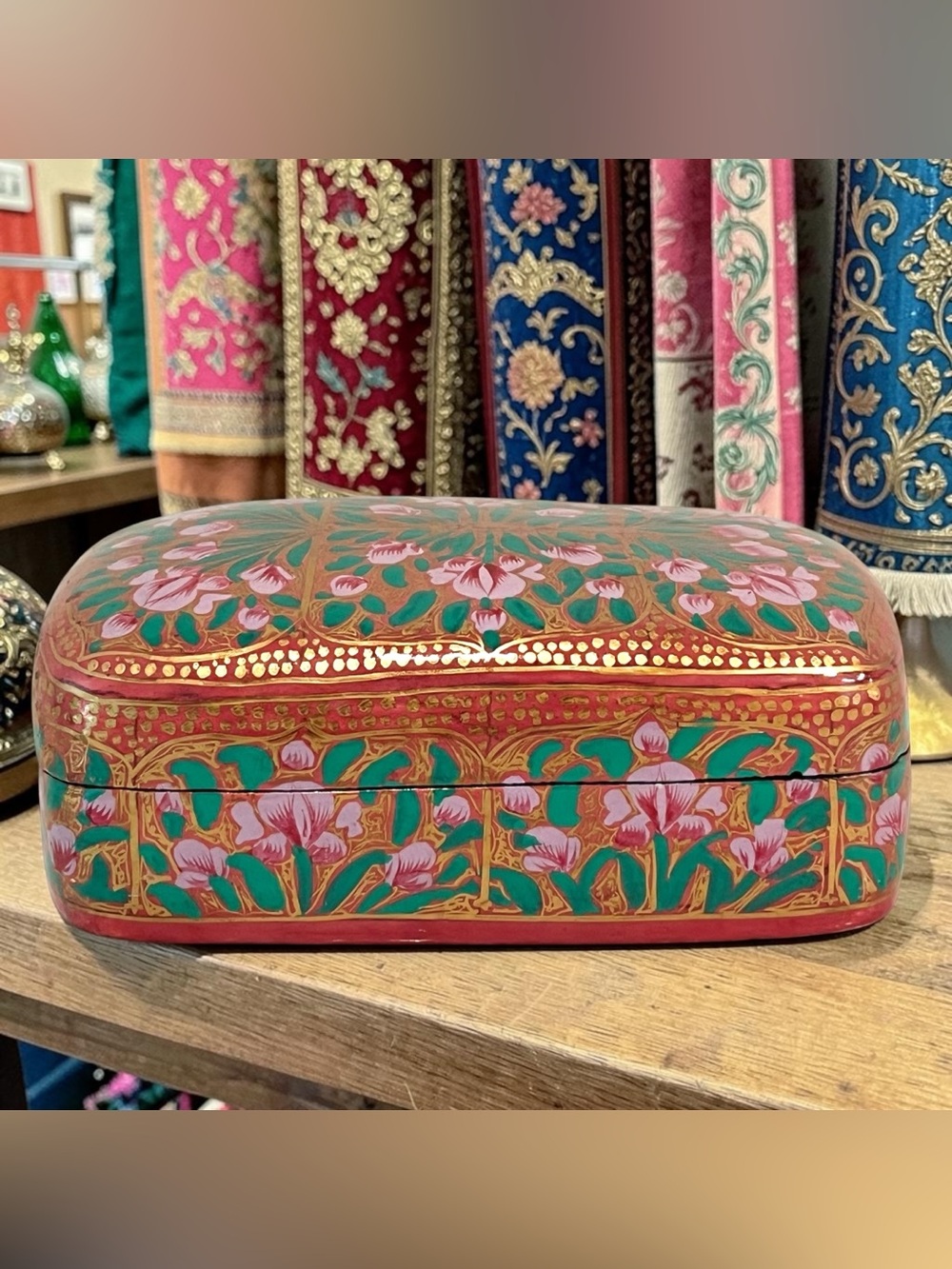 Vintage Kashmiri Papier Mache Trinket Box Floral Hand Painted Jewelry Box India